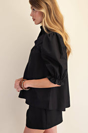 Round Neck Front Button Short Sleeve Top - Black