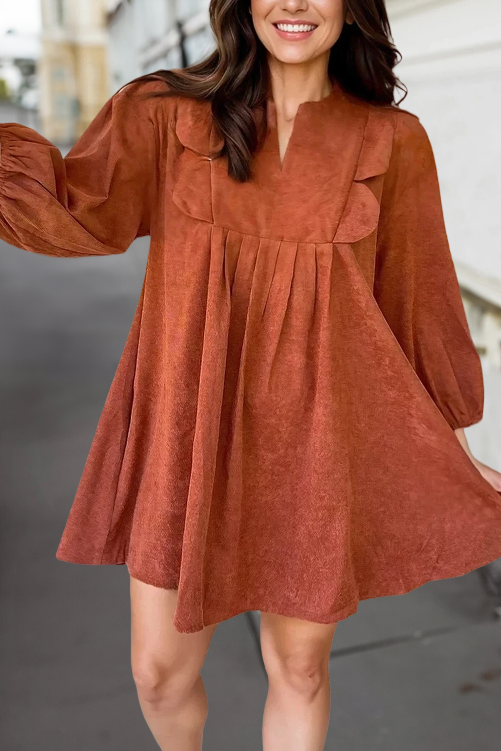 Corduroy Solid Pleat 3/4 Sleeve Mini Dress