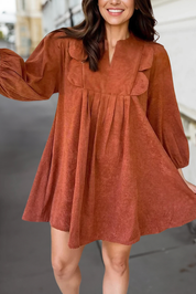Corduroy Solid Pleat 3/4 Sleeve Mini Dress