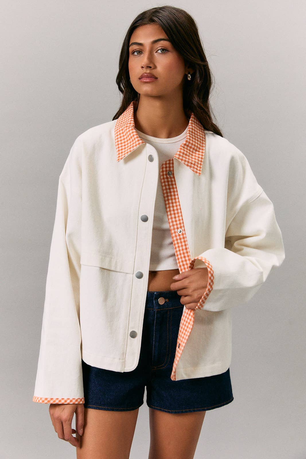 JACKET WITH GINGHAM CONTRAST: WHITE-ORANGE / M