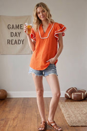 Ruffle Sleeve Scallop Trim Top