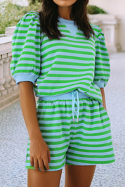 Stripe Puff Sleeve T Shirt Matching Shorts Set