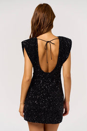 Sequin Mini Dress with Shoulder Pads: BLACK