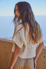 Knit Sweater Crochet Round Neck Short Sleeve Top: Cream