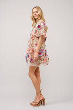 Multi 3D Floral Peplum Puff Sleeve Mini Dress