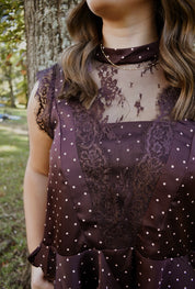 POLKA DOT SATIN LACE TOP: WINE/PINK