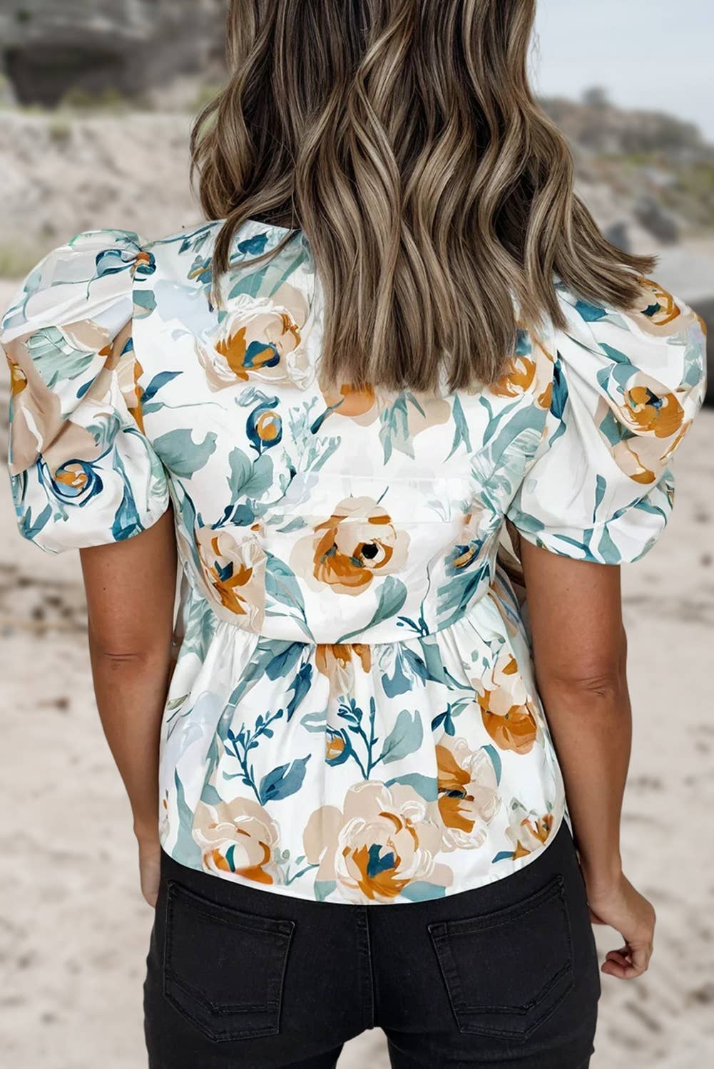 Floral Print Puff Sleeve Babydoll Blouse