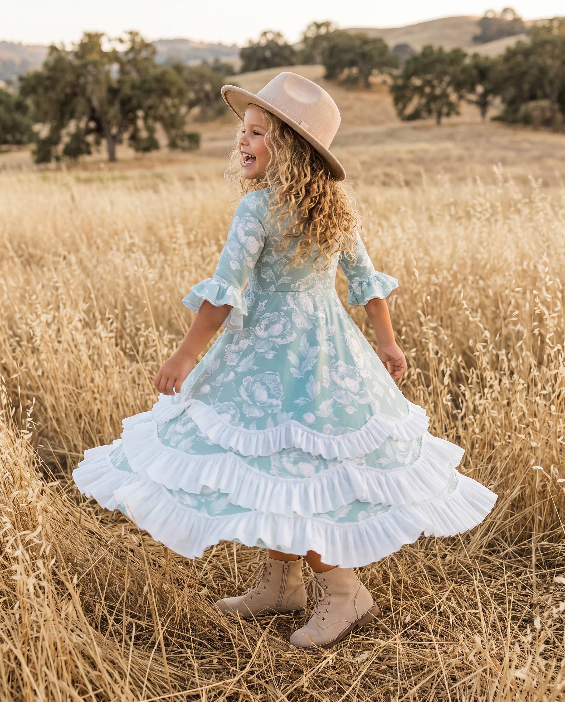 Girls Bella Soft Sage & Winter White Twirl Ruffles Dress