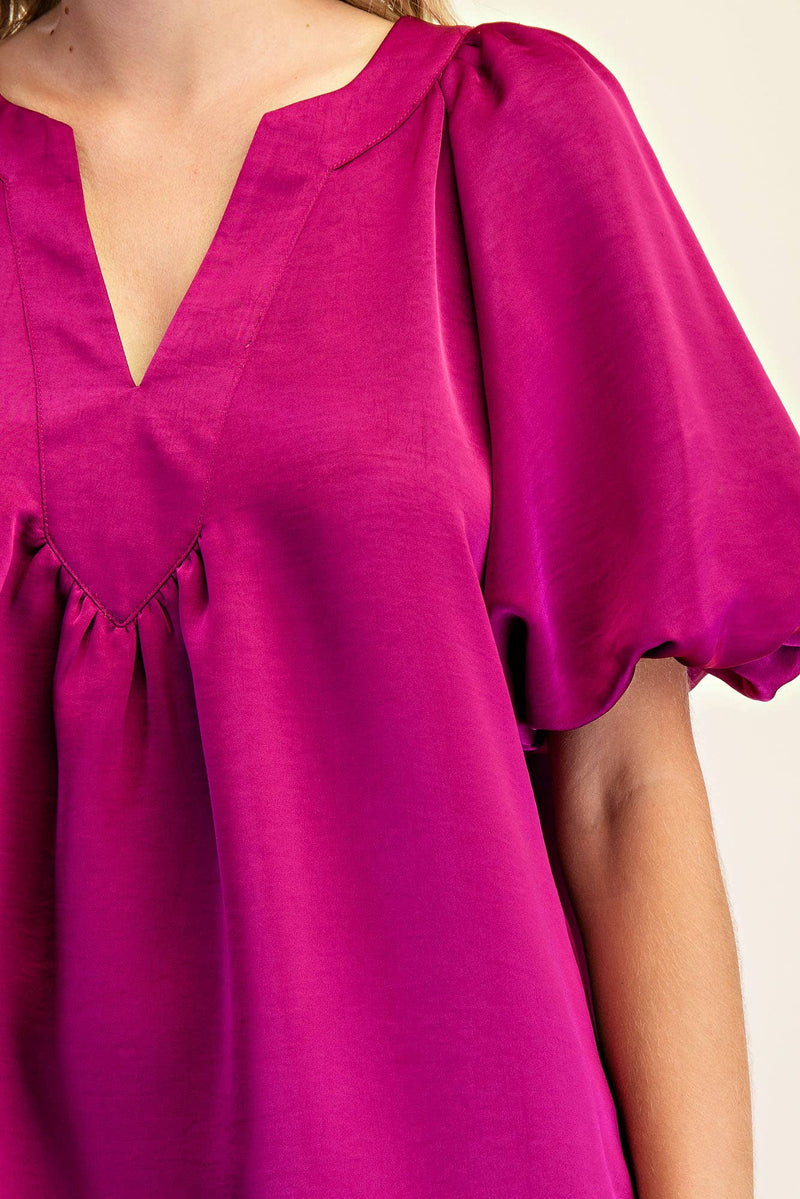 V-Neck Puff Sleeve Top: Plum - Plum