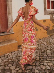 Stylish Ruffled Split Positional Print Backless Dress