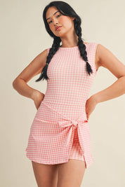 Gingham Print Sleeveless Wrap Tie Front Dress