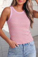 Stripe Print Ribbed Knit Slim Tank Top