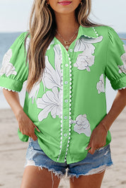 Floral Ric Rac Edge Puff Sleeve Button Up Top