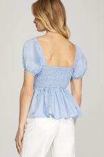 Short Puff Sleeve Woven Top W/ Lace Neckline-Baby Blue