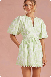 Botanical Garden Scallop Lace Puff Mini Dress