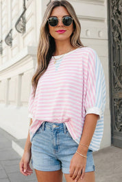 Stripe Patchwork Batwing Sleeve Top