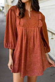 Corduroy Solid Pleat 3/4 Sleeve Mini Dress