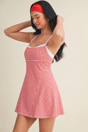 Gingham Print Double Layered Dress: Red Gingham