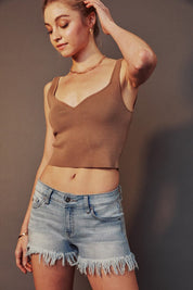 Kancan Mid Rise Frayed Hem Denim Shorts - Light Wash