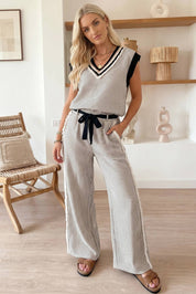 Knit V Neck Tank and Wide Leg Pants Set