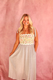 Strap Shoulder Ric Rac Floral Stripe Midi Dress