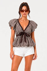 DEEP V NECK BUBBLE HEM GINGHAM BLOUSE TOP