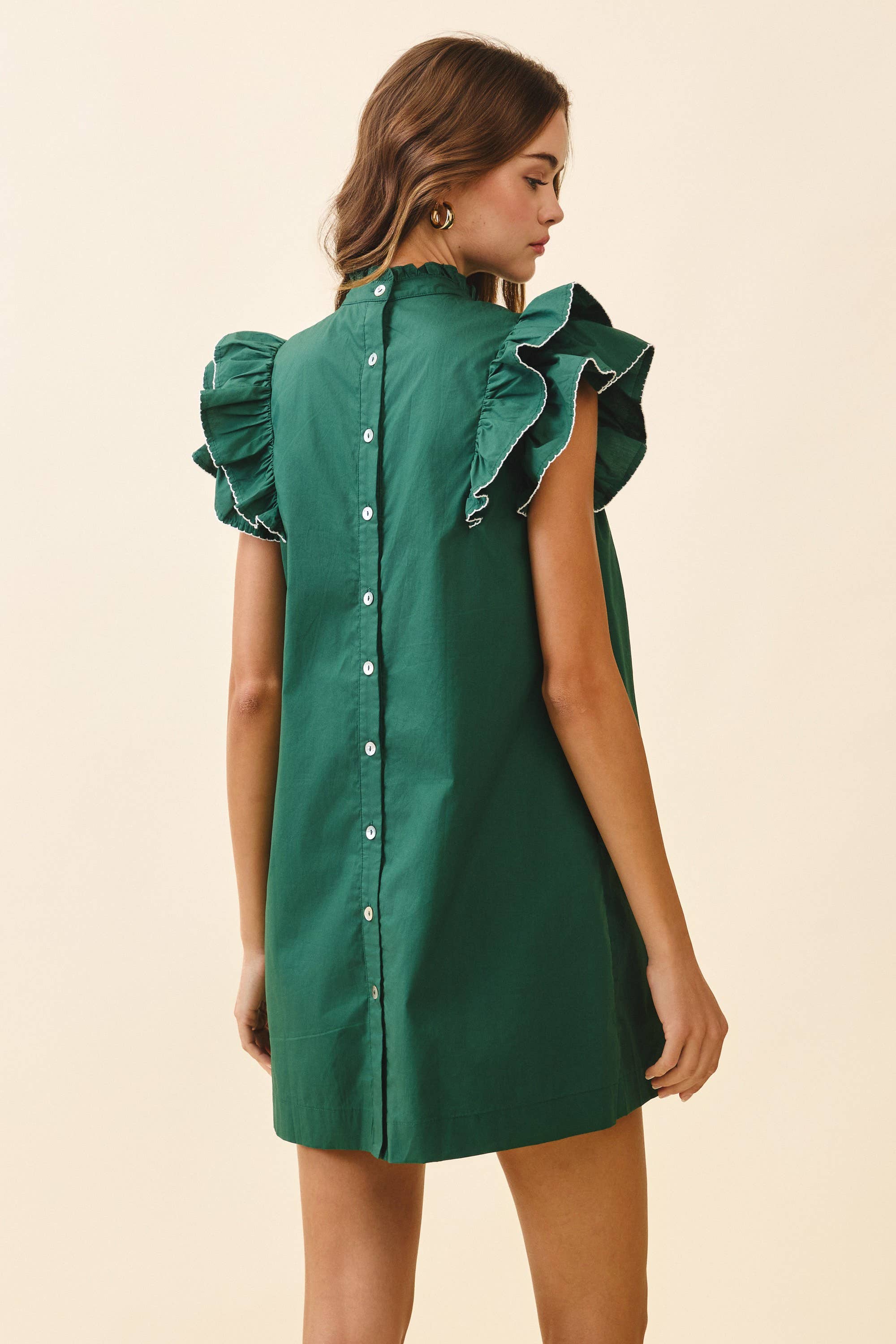 Back Button Down High Neck Babydoll Mini Dress: HUNTER GREEN