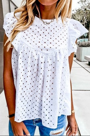 RUFFLE SLEEVE EYELET LACE TOP - WHITE