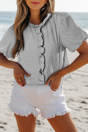 Texture Striped Ruffled Detail Shirt