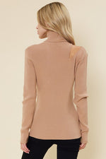 Shoulder Cut Out Ribbed Turtleneck - Tan