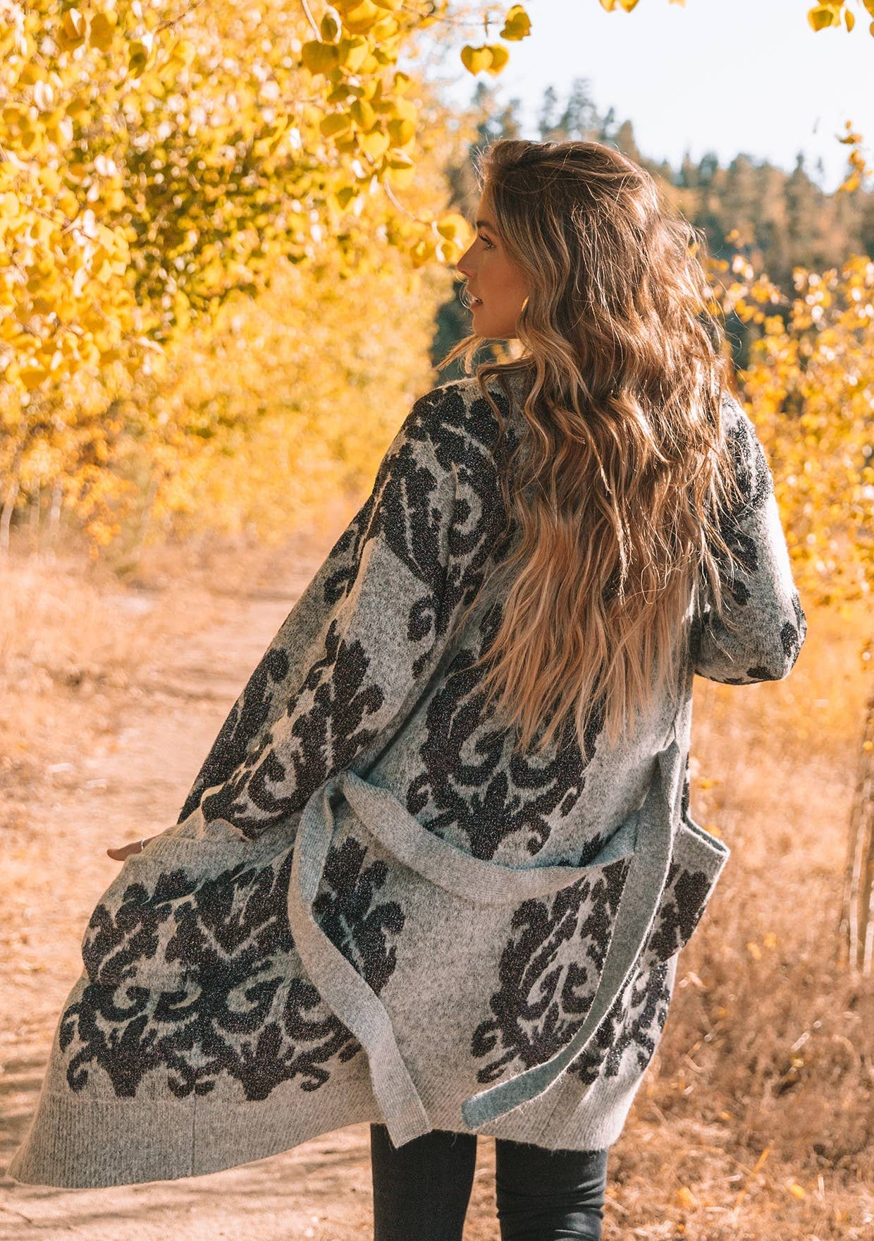 Metallic Floral Long Sleeve Belted Cardigan