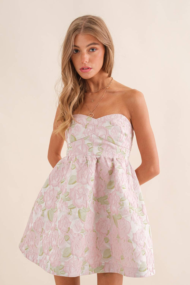 Textured Jacquard Floral Tube Fit and Flare Dress