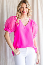 Sheer Puff Sleeve Top - Hot Pink