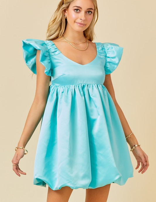 RUFFLE SLEEVE SATIN BUBBLE DRESS