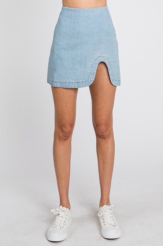 Rhinestone Denim Skirt - Light Wash