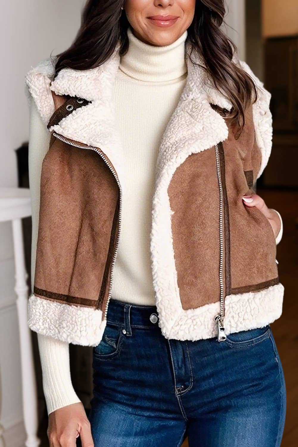 Sherpa Lined Faux Suede Lapel Collar Vest