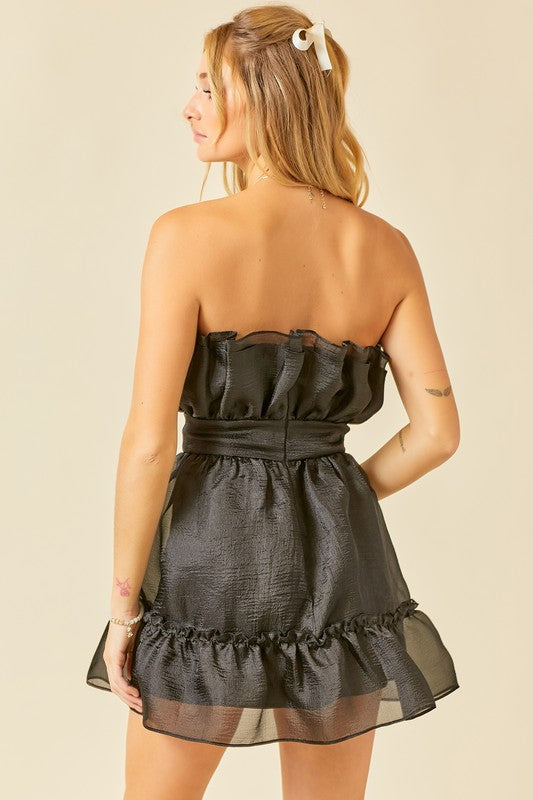 SLEEVELESS RUFFLE TOP SHEER SHIMMER DRESS