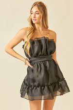 SLEEVELESS RUFFLE TOP SHEER SHIMMER DRESS