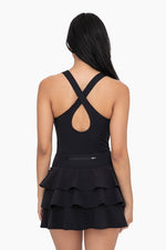 RUFFLE SKIRT KEYHOLE ATHLEISURE DRESS - BLACK