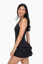 RUFFLE SKIRT KEYHOLE ATHLEISURE DRESS - BLACK