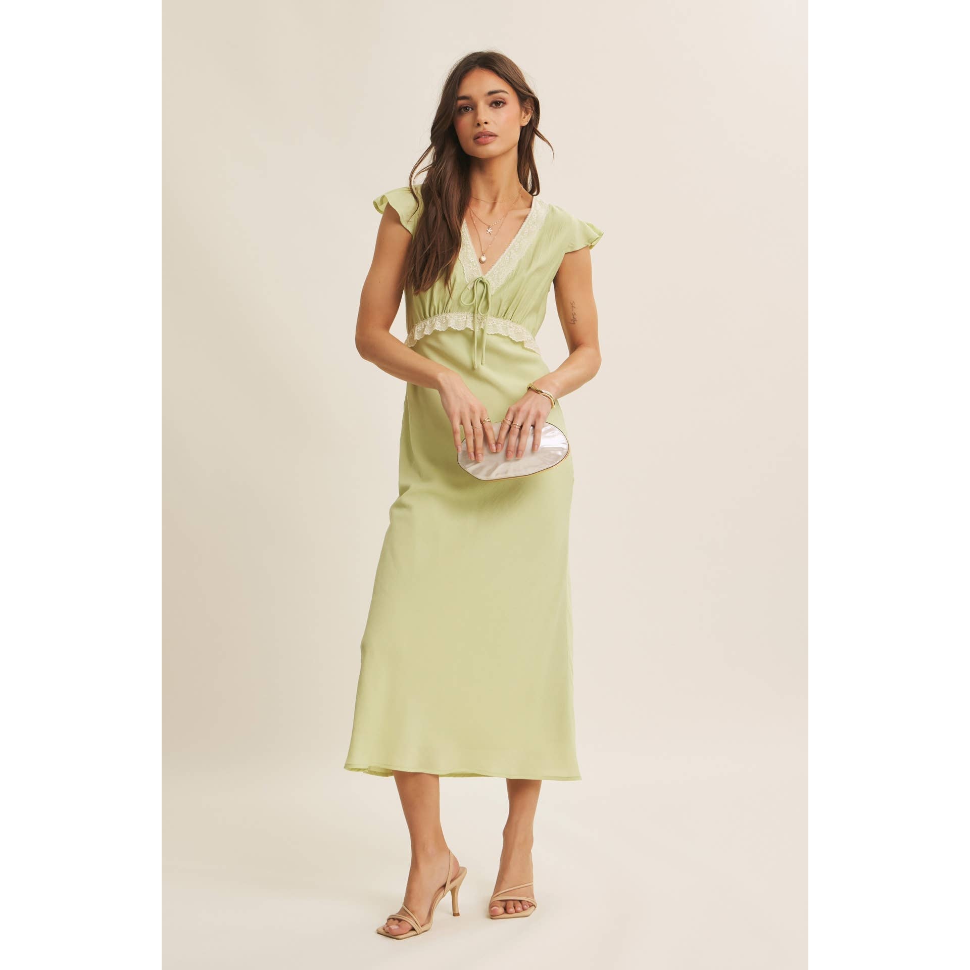SOFTLY REFINED SLIM FIT MIDI DRESS WITH LACE AND WAIST BELT