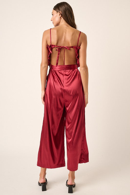 Ruffle Top Wide Leg Satin Jumpsuit