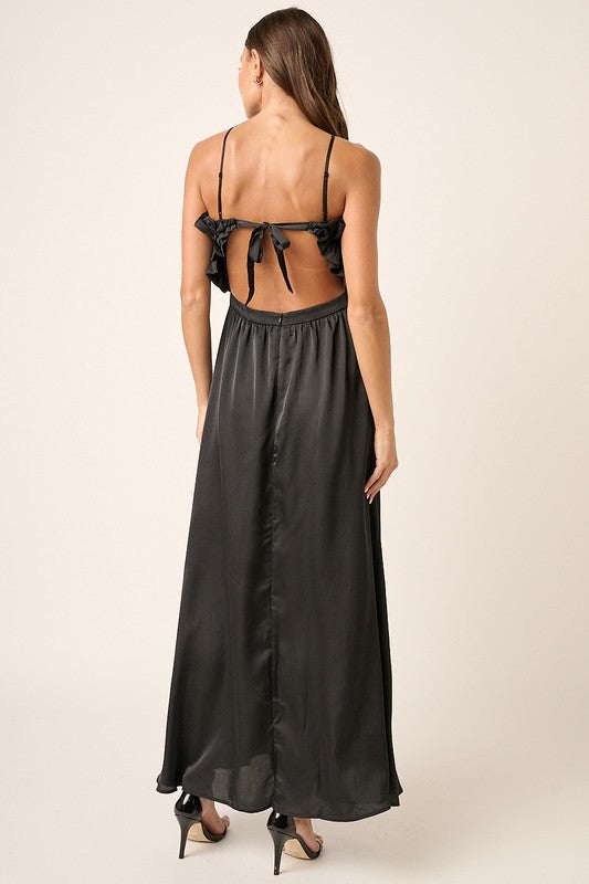 Ruffle Top Satin Maxi Dress - Black