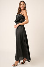 Ruffle Top Satin Maxi Dress - Black