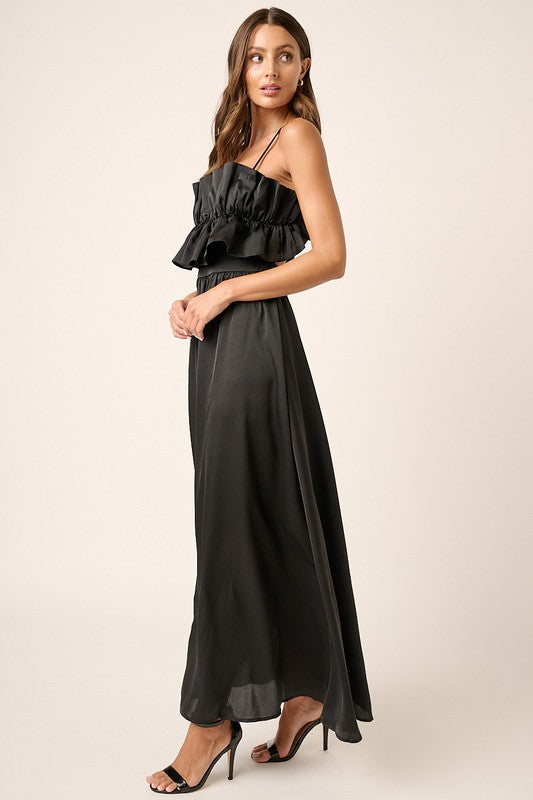 Ruffle Top Satin Maxi Dress - Black