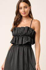 Ruffle Top Satin Maxi Dress - Black