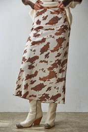 Woven Cow Print Satin Midi Skirt