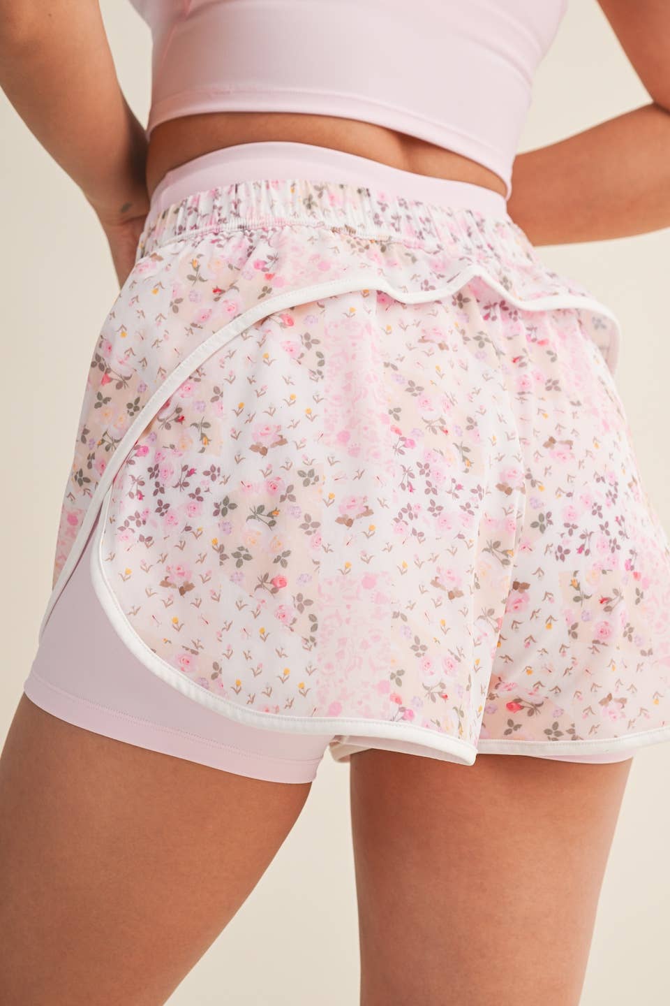Pink Patchwork Print Double Layer Nylon Shorts
