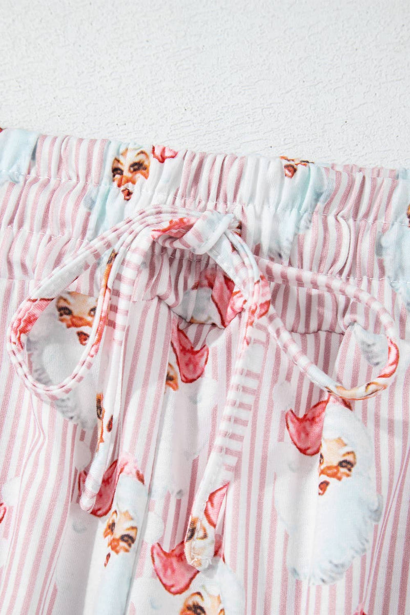 Santa Claus Striped Print Loose Fit Two Piece Lounge Set: Pink