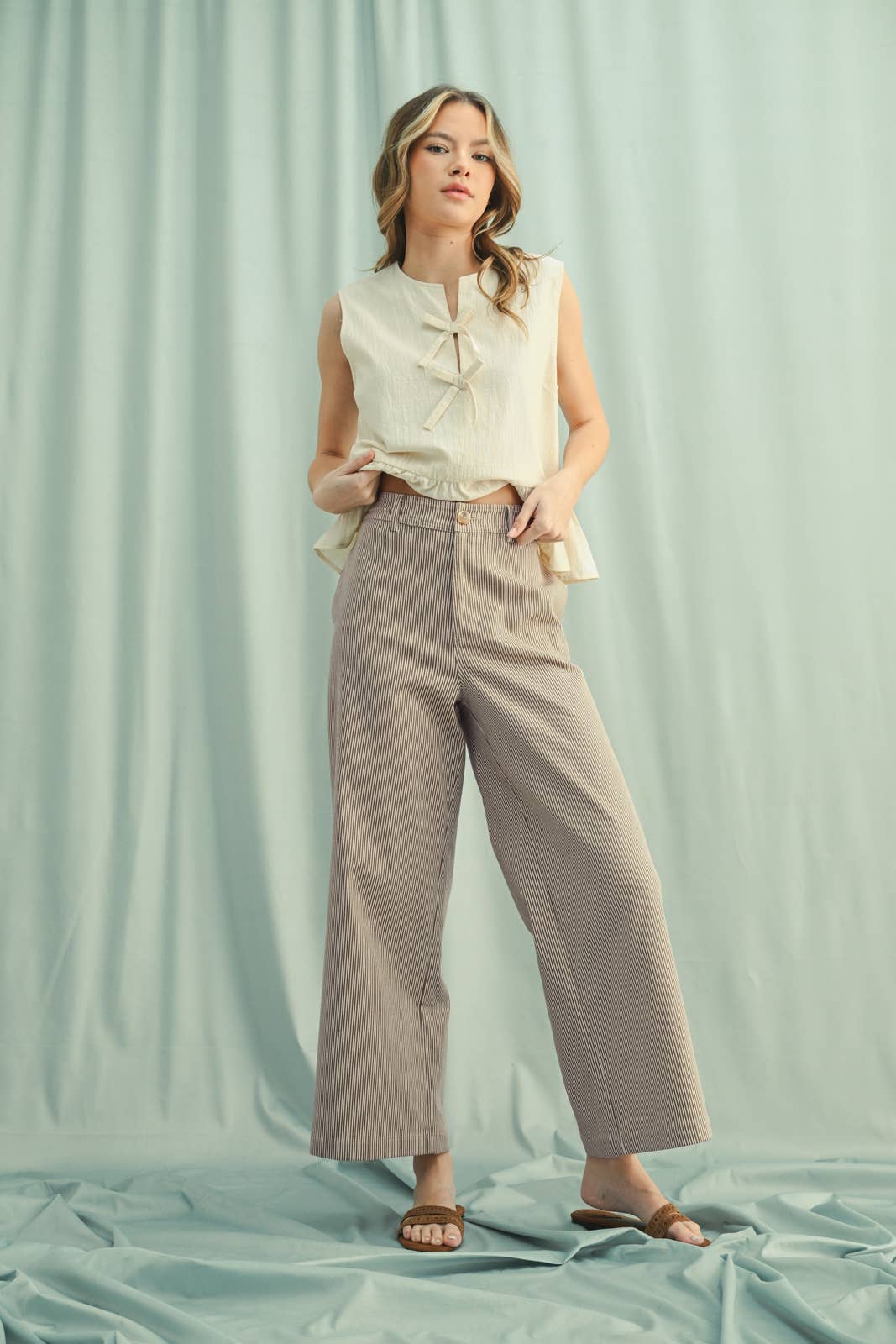 STRIPED WIDE-LEG PANTS  ESPRESSO/CREAM